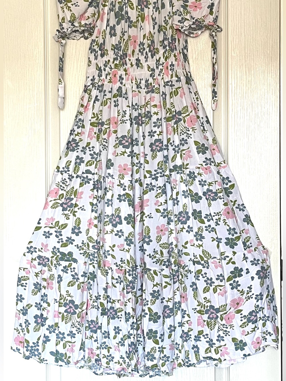 Boho Floral Puff Sleeve Milkmaid Midi Dress Smocked Waist S Romantic Coquette - Picture 14 of 14